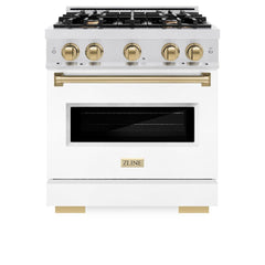 ZLINE Autograph Edition 30 in. 4.2 cu. ft. Classic Gas Range with 4 Burner Cooktop and Convection Gas Oven in Satin Stainless Steel with White Matte Door and Champagne Bronze Accents - CGRSZ-WM-30-CB - The Home Selection