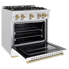 ZLINE Autograph Edition 30 in. 4.2 cu. ft. Classic Gas Range with 4 Burner Cooktop and Convection Gas Oven in Satin Stainless Steel with White Matte Door and Champagne Bronze Accents - CGRSZ-WM-30-CB - The Home Selection