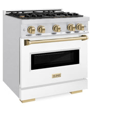 ZLINE Autograph Edition 30 in. 4.2 cu. ft. Classic Gas Range with 4 Burner Cooktop and Convection Gas Oven in Satin Stainless Steel with White Matte Door and Champagne Bronze Accents - CGRSZ-WM-30-CB - The Home Selection