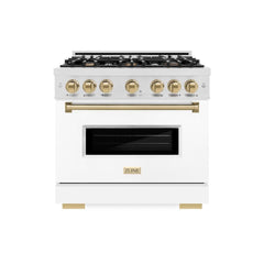 ZLINE Autograph Edition 36 in. 5.2 cu. ft. Classic Gas Range with 6 Burner Cooktop and Convection Gas Oven in Satin Stainless Steel with White Matte Door and Champagne Bronze Accents - CGRSZ-WM-36-CB - The Home Selection