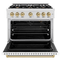 ZLINE Autograph Edition 36 in. 5.2 cu. ft. Classic Gas Range with 6 Burner Cooktop and Convection Gas Oven in Satin Stainless Steel with White Matte Door and Champagne Bronze Accents - CGRSZ-WM-36-CB - The Home Selection