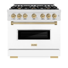 ZLINE Autograph Edition 36 in. 5.2 cu. ft. Classic Gas Range with 6 Burner Cooktop and Convection Gas Oven in Satin Stainless Steel with White Matte Door and Champagne Bronze Accents - CGRSZ-WM-36-CB - The Home Selection