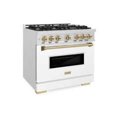ZLINE Autograph Edition 36 in. 5.2 cu. ft. Classic Gas Range with 6 Burner Cooktop and Convection Gas Oven in Satin Stainless Steel with White Matte Door and Champagne Bronze Accents - CGRSZ-WM-36-CB - The Home Selection