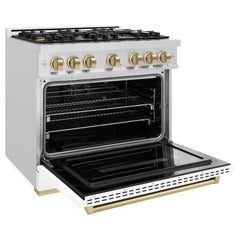 ZLINE Autograph Edition 36 in. 5.2 cu. ft. Classic Gas Range with 6 Burner Cooktop and Convection Gas Oven in Satin Stainless Steel with White Matte Door and Champagne Bronze Accents - CGRSZ-WM-36-CB - The Home Selection