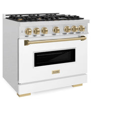 ZLINE Autograph Edition 36 in. 5.2 cu. ft. Classic Gas Range with 6 Burner Cooktop and Convection Gas Oven in Satin Stainless Steel with White Matte Door and Champagne Bronze Accents - CGRSZ-WM-36-CB - The Home Selection