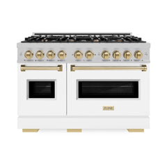 ZLINE Autograph Edition 48 in. 6.7 cu. ft. Classic Double Oven Gas Range with 8 Burner Cooktop in Satin Stainless Steel with White Matte Doors and Champagne Bronze Accents - CGRSZ-WM-48-CB - The Home Selection