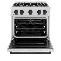 ZLINE Autograph Edition 30 in. 4.2 cu. ft. Classic Gas Range with 4 Burner Cooktop and Convection Gas Oven in Satin Stainless Steel and Matte Black Accents - CGRSZ-30-MB - The Home Selection