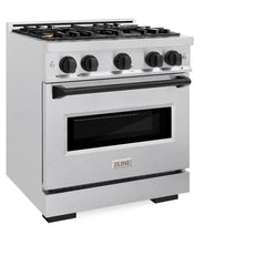 ZLINE Autograph Edition 30 in. 4.2 cu. ft. Classic Gas Range with 4 Burner Cooktop and Convection Gas Oven in Satin Stainless Steel and Matte Black Accents - CGRSZ-30-MB - The Home Selection