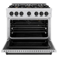 ZLINE Autograph Edition 36 in. 5.2 cu. ft. Classic Gas Range with 6 Burner Cooktop and Convection Gas Oven in Satin Stainless Steel and Matte Black Accents - CGRSZ-36-MB - The Home Selection
