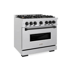 ZLINE Autograph Edition 36 in. 5.2 cu. ft. Classic Gas Range with 6 Burner Cooktop and Convection Gas Oven in Satin Stainless Steel and Matte Black Accents - CGRSZ-36-MB - The Home Selection