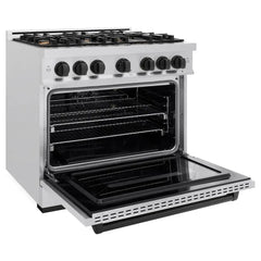ZLINE Autograph Edition 36 in. 5.2 cu. ft. Classic Gas Range with 6 Burner Cooktop and Convection Gas Oven in Satin Stainless Steel and Matte Black Accents - CGRSZ-36-MB - The Home Selection