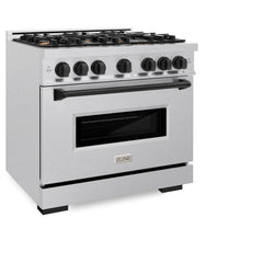 ZLINE Autograph Edition 36 in. 5.2 cu. ft. Classic Gas Range with 6 Burner Cooktop and Convection Gas Oven in Satin Stainless Steel and Matte Black Accents - CGRSZ-36-MB - The Home Selection