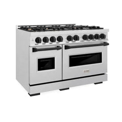 ZLINE Autograph Edition 48 in. 6.7 cu. ft. Classic Double Oven Gas Range with 8 Burner Cooktop in Satin Stainless Steel and Matte Black Accents - CGRSZ-48-MB - The Home Selection