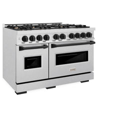 ZLINE Autograph Edition 48 in. 6.7 cu. ft. Classic Double Oven Gas Range with 8 Burner Cooktop in Satin Stainless Steel and Matte Black Accents - CGRSZ-48-MB - The Home Selection