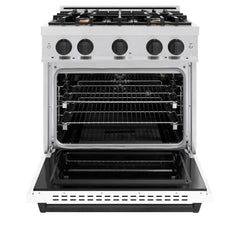 ZLINE Autograph Edition 30 in. 4.2 cu. ft. Classic Gas Range with 4 Burner Cooktop and Convection Gas Oven in Satin Stainless Steel with White Matte Door and Matte Black Accents - CGRSZ-WM-30-MB - The Home Selection