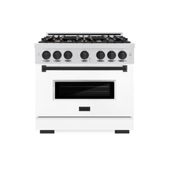 ZLINE Autograph Edition 36 in. 5.2 cu. ft. Classic Gas Range with 6 Burner Cooktop and Convection Gas Oven in Satin Stainless Steel with White Matte Door and Matte Black Accents - CGRSZ-WM-36-MB - The Home Selection