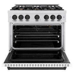 ZLINE Autograph Edition 36 in. 5.2 cu. ft. Classic Gas Range with 6 Burner Cooktop and Convection Gas Oven in Satin Stainless Steel with White Matte Door and Matte Black Accents - CGRSZ-WM-36-MB - The Home Selection