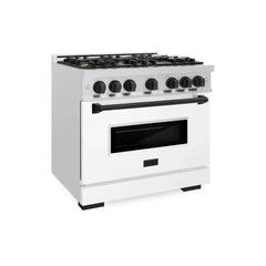ZLINE Autograph Edition 36 in. 5.2 cu. ft. Classic Gas Range with 6 Burner Cooktop and Convection Gas Oven in Satin Stainless Steel with White Matte Door and Matte Black Accents - CGRSZ-WM-36-MB - The Home Selection