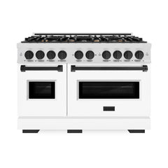 ZLINE Autograph Edition 48 in. 6.7 cu. ft. Classic Double Oven Gas Range with 8 Burner Cooktop in Satin Stainless Steel with White Matte Doors and Matte Black Accents - CGRSZ-WM-48-MB - The Home Selection