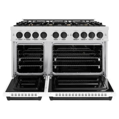 ZLINE Autograph Edition 48 in. 6.7 cu. ft. Classic Double Oven Gas Range with 8 Burner Cooktop in Satin Stainless Steel with White Matte Doors and Matte Black Accents - CGRSZ-WM-48-MB - The Home Selection