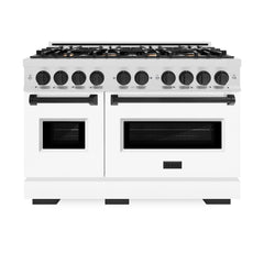 ZLINE Autograph Edition 48 in. 6.7 cu. ft. Classic Double Oven Gas Range with 8 Burner Cooktop in Satin Stainless Steel with White Matte Doors and Matte Black Accents - CGRSZ-WM-48-MB - The Home Selection