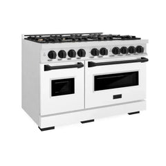 ZLINE Autograph Edition 48 in. 6.7 cu. ft. Classic Double Oven Gas Range with 8 Burner Cooktop in Satin Stainless Steel with White Matte Doors and Matte Black Accents - CGRSZ-WM-48-MB - The Home Selection