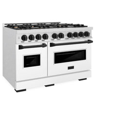 ZLINE Autograph Edition 48 in. 6.7 cu. ft. Classic Double Oven Gas Range with 8 Burner Cooktop in Satin Stainless Steel with White Matte Doors and Matte Black Accents - CGRSZ-WM-48-MB - The Home Selection
