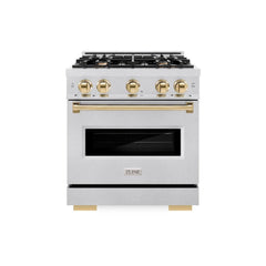 ZLINE Autograph Edition 30 in. 4.2 cu. ft. Classic Gas Range with 4 Burner Cooktop and Convection Gas Oven in Satin Stainless Steel and Polished Gold Accents - CGRSZ-30-G - The Home Selection