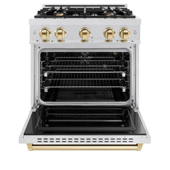 ZLINE Autograph Edition 30 in. 4.2 cu. ft. Classic Gas Range with 4 Burner Cooktop and Convection Gas Oven in Satin Stainless Steel and Polished Gold Accents - CGRSZ-30-G - The Home Selection