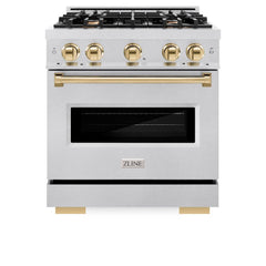 ZLINE Autograph Edition 30 in. 4.2 cu. ft. Classic Gas Range with 4 Burner Cooktop and Convection Gas Oven in Satin Stainless Steel and Polished Gold Accents - CGRSZ-30-G - The Home Selection