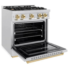 ZLINE Autograph Edition 30 in. 4.2 cu. ft. Classic Gas Range with 4 Burner Cooktop and Convection Gas Oven in Satin Stainless Steel and Polished Gold Accents - CGRSZ-30-G - The Home Selection