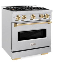 ZLINE Autograph Edition 30 in. 4.2 cu. ft. Classic Gas Range with 4 Burner Cooktop and Convection Gas Oven in Satin Stainless Steel and Polished Gold Accents - CGRSZ-30-G - The Home Selection