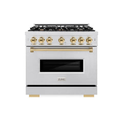 ZLINE Autograph Edition 36 in. 5.2 cu. ft. Classic Gas Range with 6 Burner Cooktop and Convection Gas Oven in Satin Stainless Steel and Polished Gold Accents - CGRSZ-36-G - The Home Selection
