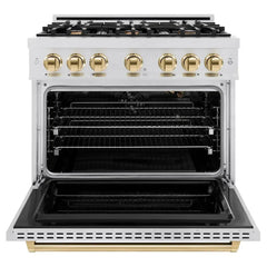 ZLINE Autograph Edition 36 in. 5.2 cu. ft. Classic Gas Range with 6 Burner Cooktop and Convection Gas Oven in Satin Stainless Steel and Polished Gold Accents - CGRSZ-36-G - The Home Selection
