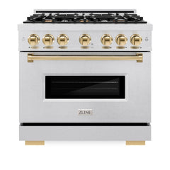 ZLINE Autograph Edition 36 in. 5.2 cu. ft. Classic Gas Range with 6 Burner Cooktop and Convection Gas Oven in Satin Stainless Steel and Polished Gold Accents - CGRSZ-36-G - The Home Selection