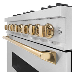 ZLINE Autograph Edition 36 in. 5.2 cu. ft. Classic Gas Range with 6 Burner Cooktop and Convection Gas Oven in Satin Stainless Steel and Polished Gold Accents - CGRSZ-36-G - The Home Selection