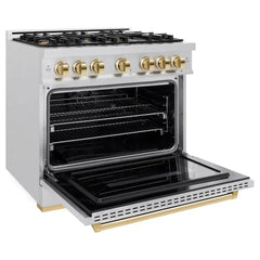 ZLINE Autograph Edition 36 in. 5.2 cu. ft. Classic Gas Range with 6 Burner Cooktop and Convection Gas Oven in Satin Stainless Steel and Polished Gold Accents - CGRSZ-36-G - The Home Selection