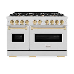 ZLINE Autograph Edition 48 in. 6.7 cu. ft. Classic Double Oven Gas Range with 8 Burner Cooktop in Satin Stainless Steel and Polished Gold Accents - CGRSZ-48-G - The Home Selection