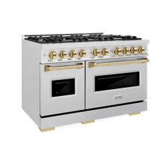 ZLINE Autograph Edition 48 in. 6.7 cu. ft. Classic Double Oven Gas Range with 8 Burner Cooktop in Satin Stainless Steel and Polished Gold Accents - CGRSZ-48-G - The Home Selection