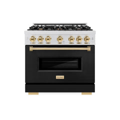 ZLINE Autograph Edition 36 in. 5.2 cu. ft. Classic Gas Range with 6 Burner Cooktop and Convection Gas Oven in Satin Stainless Steel with Black Matte Door and Polished Gold Accents - CGRSZ-BLM-36-G - The Home Selection