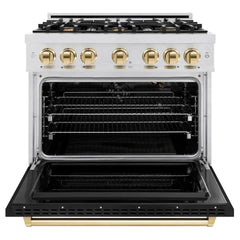 ZLINE Autograph Edition 36 in. 5.2 cu. ft. Classic Gas Range with 6 Burner Cooktop and Convection Gas Oven in Satin Stainless Steel with Black Matte Door and Polished Gold Accents - CGRSZ-BLM-36-G - The Home Selection