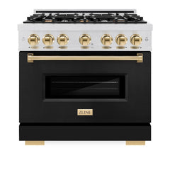 ZLINE Autograph Edition 36 in. 5.2 cu. ft. Classic Gas Range with 6 Burner Cooktop and Convection Gas Oven in Satin Stainless Steel with Black Matte Door and Polished Gold Accents - CGRSZ-BLM-36-G - The Home Selection