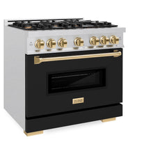ZLINE Autograph Edition 36 in. 5.2 cu. ft. Classic Gas Range with 6 Burner Cooktop and Convection Gas Oven in Satin Stainless Steel with Black Matte Door and Polished Gold Accents - CGRSZ-BLM-36-G - The Home Selection