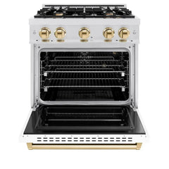 ZLINE Autograph Edition 30 in. 4.2 cu. ft. Classic Gas Range with 4 Burner Cooktop and Convection Gas Oven in Satin Stainless Steel with White Matte Door and Polished Gold Accents - CGRSZ-WM-30-G - The Home Selection