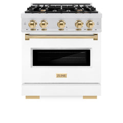 ZLINE Autograph Edition 30 in. 4.2 cu. ft. Classic Gas Range with 4 Burner Cooktop and Convection Gas Oven in Satin Stainless Steel with White Matte Door and Polished Gold Accents - CGRSZ-WM-30-G - The Home Selection