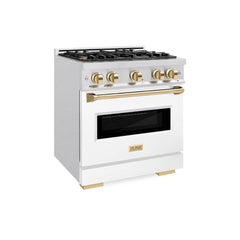 ZLINE Autograph Edition 30 in. 4.2 cu. ft. Classic Gas Range with 4 Burner Cooktop and Convection Gas Oven in Satin Stainless Steel with White Matte Door and Polished Gold Accents - CGRSZ-WM-30-G - The Home Selection