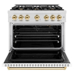 ZLINE Autograph Edition 36 in. 5.2 cu. ft. Classic Gas Range with 6 Burner Cooktop and Convection Gas Oven in Satin Stainless Steel with White Matte Door and Polished Gold Accents - CGRSZ-WM-36-G - The Home Selection