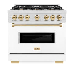 ZLINE Autograph Edition 36 in. 5.2 cu. ft. Classic Gas Range with 6 Burner Cooktop and Convection Gas Oven in Satin Stainless Steel with White Matte Door and Polished Gold Accents - CGRSZ-WM-36-G - The Home Selection