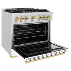 ZLINE Autograph Edition 36 in. 5.2 cu. ft. Classic Gas Range with 6 Burner Cooktop and Convection Gas Oven in Satin Stainless Steel with White Matte Door and Polished Gold Accents - CGRSZ-WM-36-G - The Home Selection
