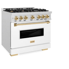 ZLINE Autograph Edition 36 in. 5.2 cu. ft. Classic Gas Range with 6 Burner Cooktop and Convection Gas Oven in Satin Stainless Steel with White Matte Door and Polished Gold Accents - CGRSZ-WM-36-G - The Home Selection
